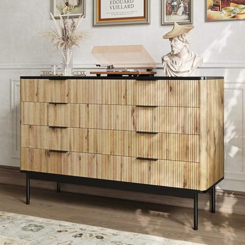 FammyLoft Modernes Sideboard mit Stauraum, Wohnzimmerschränke mit 8 Türen, Sideboard Schrank, Kommode, Allzweckschrank für Küche, Wohnzimmer und Esszimmer, 120 * 39,5 * 80cm, Schwarz und Holzfarbe