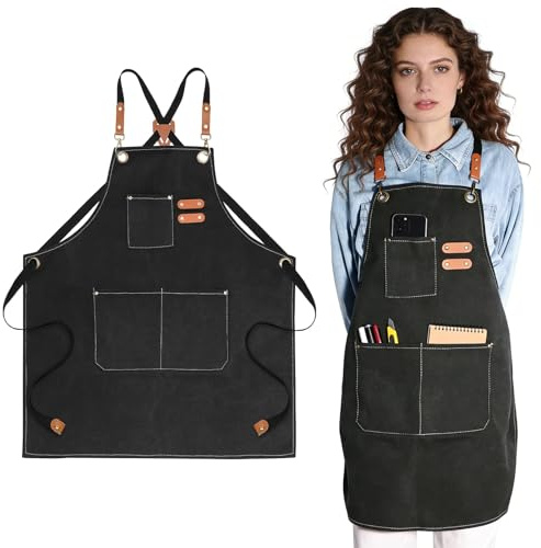 Painting Apron Adjustable Cross Waterproof Polyester Canvas Chef Apron | Black Art Apron Work Aprons for Men Women with 3 Pockets for Gardening Restaurant Cafe Bar Shop