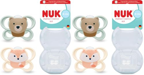 NUK Perfect Match Air Baby Schnuller | 0-2 Monate | Orthodontische Beruhigungssauger, die Luftzirkulation fördern & Speichel-Ausschlag verhindern | 95% Baby-Akzeptanz** | Bär/Fuchs | 2 Stück