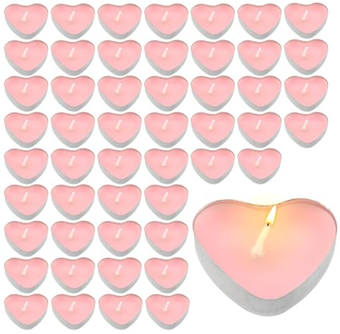 50PCS Tea Lights Candles, Romantic Heart Shaped Smokeless Tea Lights Candles Love Unscented Candle, Dripless Mini Tealight Candle for Wedding Celebrations Home Party Decor(Pink)