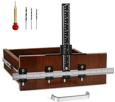 Cabinet Hardware Jig Kit – Aluminum Cabinet Handle Jig & Template Tool. Includes 3 Brad Point Bits & Center Punch. Mistake-Proof Drilling System for Drawer Pulls, Knobs & Doors
