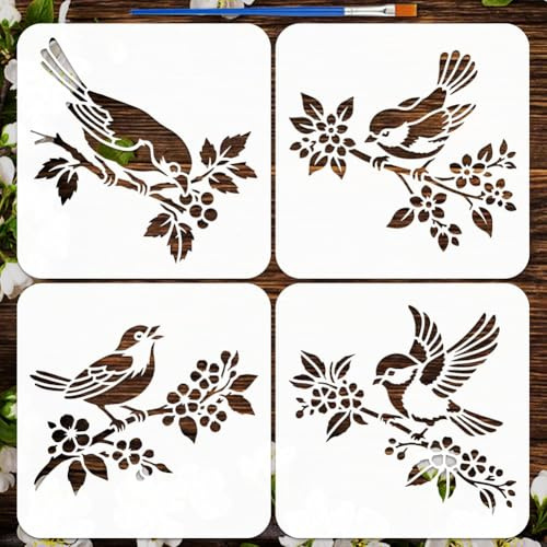 FINGERINSPIRE 4 Pz Stencil con Rami di Alberi e Uccelli con Pennello, 20x20cm 4 Stili Motivo con Uccelli su Rami di Fiori Riutilizzabile Stencil per Dipingere su Legno, Pareti, Tessuti, Mobili