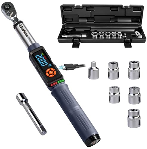 DOWOX Clé dynamométrique numérique 10-200 Nm, clé dynamométrique 1/2, cliquet 90 dents, alerte de vibration LED, jeu de douilles avec adaptateurs et barre d'extension
