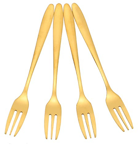 SECFOU Tenedores para Pastel de Acero Inoxidable Dorados, 4 Piezas, Horquillas de Tres Dientes, Utensilios de Cocina para Frutas y Postres, Aptos para Fiestas y Uso Diario
