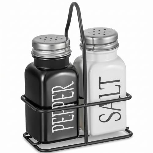 Salt and Pepper Set with Holder, Black and White Glass Shakers | Refillable Salt and Pepper Pots with Stainless Steel Lids for Kitchen Table, Restaurant, BBQ, Camping and Picnic