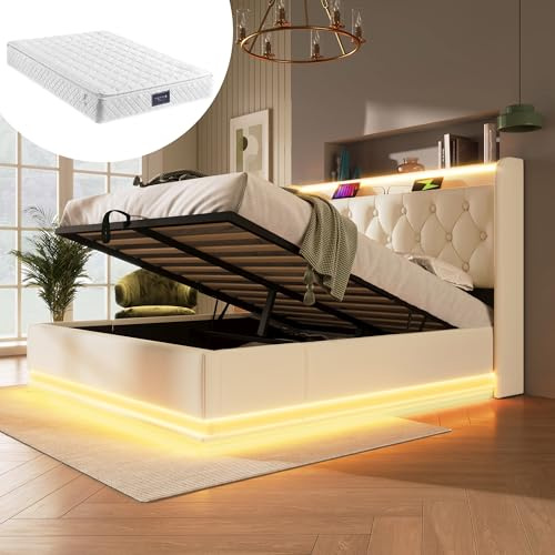 Anself Elektrisches LED-Bett 140x200cm mit USB-Typ C Ladefunktion, weiß PU-Material, für alle Schlafpositionen