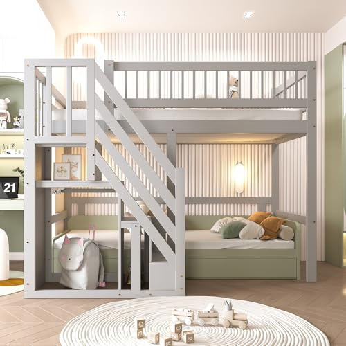 luckdect Lit Mezzanine en Bois Massif, avec Hautes Barrières, Échelle de Rangement et Petite Armoire, Gris