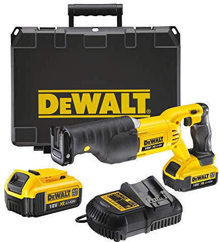 Dewalt 18V Akku-Säbelsäge DCS380M2 (kraftvoller Motor, elektronische Hubzahlregulierung, werkzeugloser Sägeblattwechsel, schwenkbarer Sägeschuh, inkl. 2x 4 Ah Li-Ion Akkus und Ladegerät, Koffer)