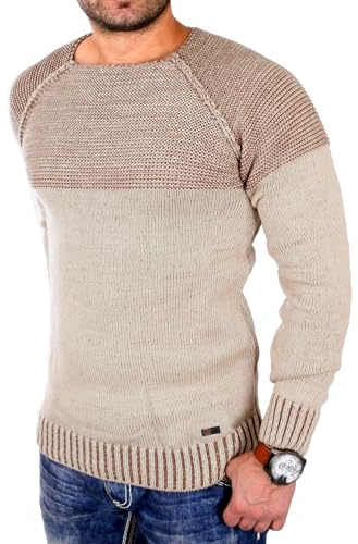 Reslad Strickpullover Herren Two Tone Rundhals Pullover Grobstrick RS-16081 Camel L