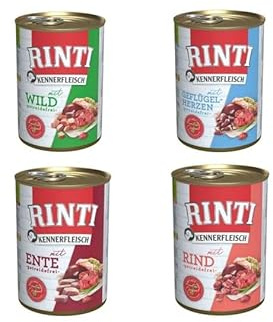 RINTI Kennerfleisch | Hunde Nassfutter | 8x400g | Mixpaket 2x Ente, 2x Rind, 2x Wild, 2x Geflügelherzen | ohne Getreide