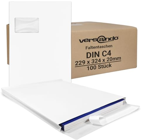 versando 100x C4 Faltentaschen 2cm Falte mit Fenster (229x324x20 mm) Versandtaschen Bodenfalte haftklebend weiß