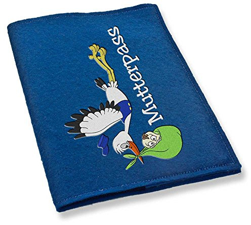 Mutterpass Mutterpasshülle Storch fliegend grün bestickt Farbwahl schwarz weiß grau rot blau lila pink Handarbeit (blau)