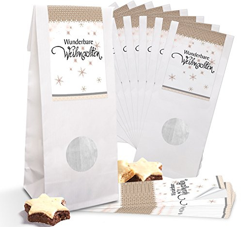 Logbuch-Verlag 10 weiße Kekstüten Weihnachten mit Fenster Lebensmittel verpacken mit Weihnachtsaufkleber 8 x 5 x 24,5 cm beschichtet