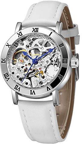 Carlien Damen Steampunk Automatik Mechanische Uhr Skelett Zifferblatt Leder Kleid Armbanduhr, silber, 36mm, Mechanisch, selbstaufziehend
