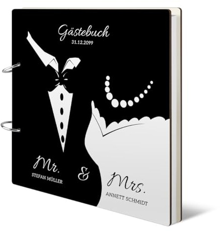 Hochzeit Gästebuch Holzcover 215 x 215 mm 144 Naturpapier Innenseiten personalisiert - Mr & Mrs