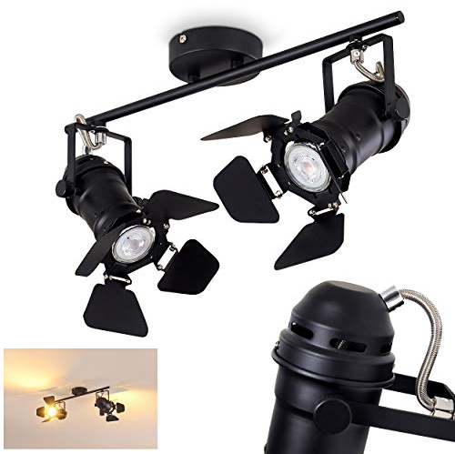 hofstein Plafonnier Lichinga en métal noir, 2 spots style projecteurs vintages avec clapets modulables, créant un effet lumineux au plafond, pour 2 ampoule GU10, ampoule(s) non incluse(s)