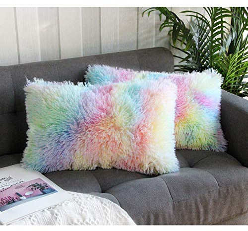 Uhomy Kissenbezug aus Kunstfell, dekorativ, superweich, für Sofa/Bett, 30,5 x 50,8 cm, Einhorn, 2 Stück