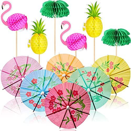 Patelai 60 Stücke Cocktail Party Deko Einschließlich Cocktail Schirmchen 3D Flamingo Ananas Cupcakes Cocktailspieße Papierschirmchen für Getränke Gemischten Farben Palmen Waben Tropische Fruchtdeckel