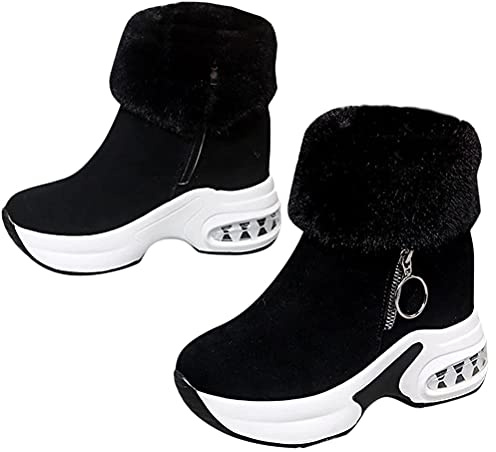 Minetom Stivali Donna Invernali Piattaforma Stivaletti da Neve con Imbottitura Calda Stivali alla Caviglia Caldi Boots Cerniera Stivaletti con Tacco Zeppa A Nero 36 EU