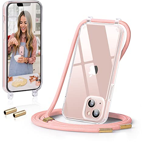 GOODVISH Handykette Kompatibel mit Apple iPhone 13 6,1 Display, Necklace Hülle mit Band Handyhülle für zum Umhängen, Transparent Case mit Schnur, Kameraschutz und Bildschirmschutz, Rosa
