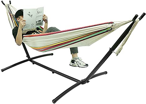Willonin Hamac Double avec Support, Hamac avec Support avec Toile + Sac en Tissu, Hamac Simple et Double Intérieur et Extérieur (Bande N ° 1) 250 * 110 * 100 Cm