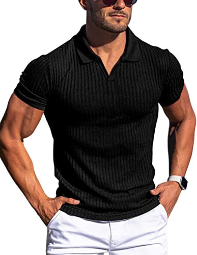 Gnvviwl Muskel V-hals pikétröjor smal passform kort långärmad bomull golf t-shirts ribbade stickade mjuka t-shirts, Svart, S