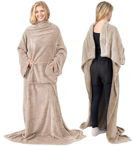 PAVILIA Decke mit Ärmeln für Erwachsene, Damen, Herren, weiche, warme tragbare Decke, Fleece-Überwurf, Bademanteldecke, Geschenk, Taupe, Fleece