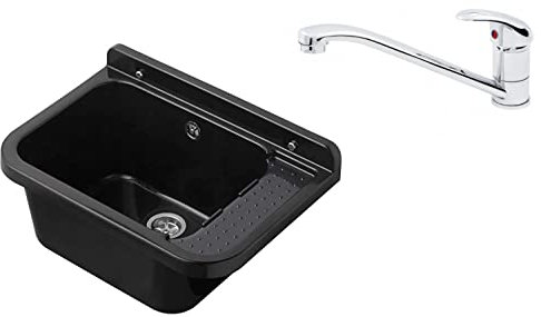 VBChome Ausgussbecken mit Armatur 50 x 34 x 21 cm Schwarz Armatur Chrom und Seifenspender Spülbecken Waschtrog mit Überlauf Waschbecken für Gewerbe Waschraum Garten inkl. Ablaufgranitur