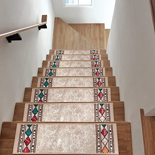 Antep Rugs Non Slip Stair Treads Carpet Modern Bordered Peel and Stick Alfombras, Set of 13, Beige, 8x30