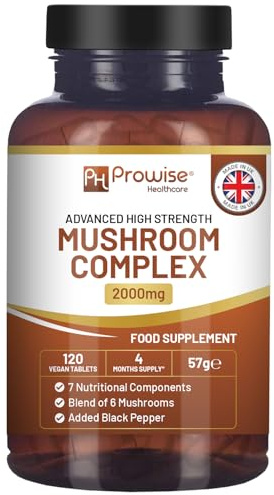 Complejo avanzado de hongos 2000 mg | Una mezcla excelente de 6 hongos: melena de león, chaga, cordyceps, shiitake, reishi y maitake con pimienta negra | 120 tabletas veganas de alta potencia