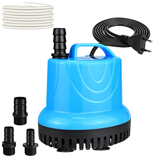 20W 1500L/H Mini Wasserpumpe, Aquariumpumpe Springbrunnenpumpe Klein Tauchpumpe, Ultra Leise Aquarium Pumpe Förderpumpe mit 3 Düse & 1,5 m Schlauch für Teiche, Aquarium, Garten, Brunnen (Blau)