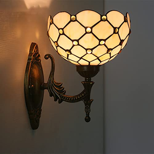BAJEKO 8 inch Mini Tiffany Wall Sconce, Pastoral/Baroque/Mediterranean/Cream Amber Bead Style Stained Glass Wall Light, Handicrafts Wall Lamp for Hotel Room Corridor Library Bedroom Stairway,C