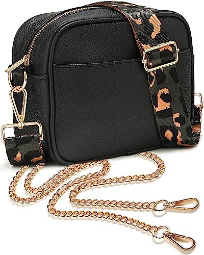 Lily England Crossbody Bag für Damen Schwarz mit breiter Gurt & extra Kette - Premium Umhängetasche aus veganem Leder gemacht - Sichere Crossbag mit großen Reißverschlussfächern