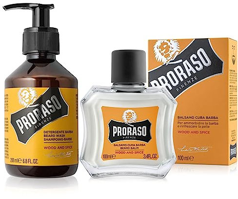 Proraso Set per Cura della Barba Corta Wood and Spice, Set con Shampoo Barba 200 ml e Balsamo Barba 100 ml dalla fragranza speziata e legnosa, Made in Italy