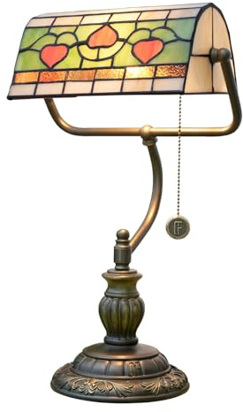 Blivuself Tiffany Style Heart Bankers Table Lamp Stained Glass Vintage Bedroom Bedside Study Pull Chain Reading Desk Lamps Office Nightstand Aesthetic Antique Green Banker'S Lamp Work Light Desklamp