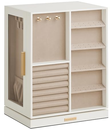 SONGMICS Boîte à Bijoux Rotative à 360°, Coffret à Bijoux avec 5 Tiroirs, Fenêtres en Verre Latérales, Grand, Rangement pour Accessoires, Design Ouvert, Blanc Nuage JBC170W01