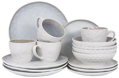 Tafelservice für 4 Personen Steinzeug grau 16-teilig Geschirr Set Retro Sesame