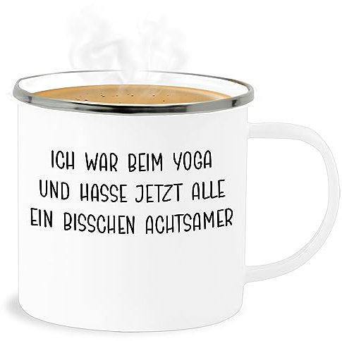 Emaille Becher Blechbecher - Tassen - Ich war beim Yoga und hasse jetzt alle ein bisschen achtsamer - 300 ml - Weiß Silber - joga tasse mandala meditation geschenke fans für alles motiven mit