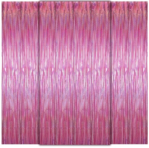 WD&CD Lametta Vorhänge Pink，3 Stück 1x2m Metallische Glitzervorhang Fringe, Glitzer Folien Fransen für Party Deko, Geburtstag Deko, Hochzeit Deko, Happy Birthday Deko, Baby Shower Deko