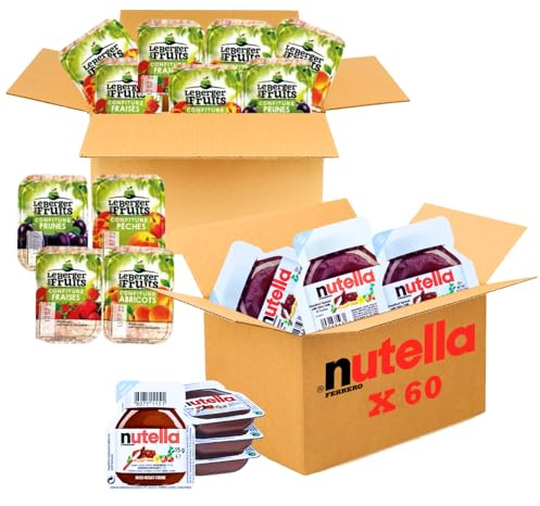 LE BERGER DES FRUITS/NUT - 120 Préparations de Fruits et Pâtes à Tartiner | 60 barquettes individuelles de Pâte à Tartiner et 60 Confitures assorties : Pêche, Fraise, Prune, Abricot - Spécial airBnB