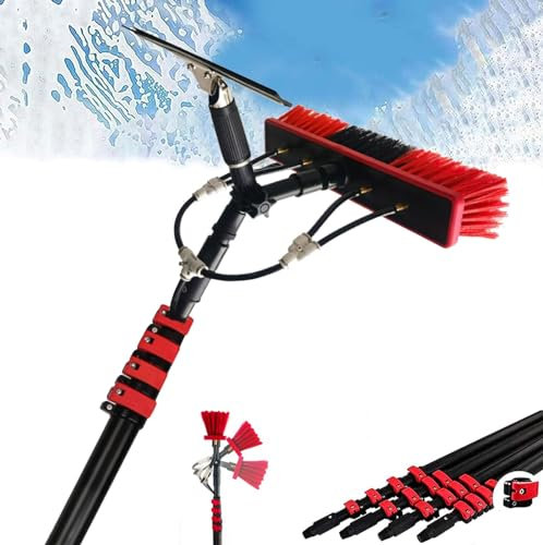 Gguwug 5.4m/18ft Water Fed Pole Kit Window Cleaning Brush with Squeegee, Outdoor Window Glass Solar Panel Cleaning Extendable Telescopic Pole Water Fed Brush Spray Washer solar panel brush
