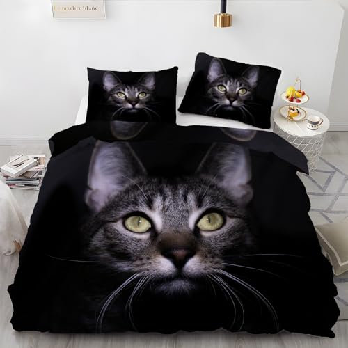 BettwäSche 220x240 Katze Bettbezug mit 2 Kissenbezug 80x80 cm Weiche und Angenehme 120g Mikrofaser Bettwaren Dunkel Bettwäsche-Sets 3-Teilig mit Reißverschluss für EinzelbettDoppelbett