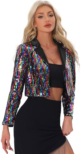Allegra K Giacca con Paillettes da Donna Cardigan con Colletto a Bavero da Festa Aperto sul Davanti Blazer Corto Scintillante da Festival per Halloween Multicolore L