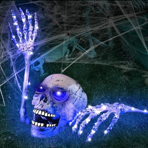 Halloween skelettdekoration, 18 stycken lysande skelett dödskalle, dekoration för halloween, läskig festdekoration med ljuskedja, spindelvävsdekoration, skalle, LED-skeletthand och realistisk spindel