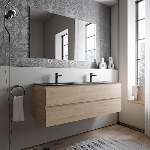 BERNSTEIN Badmöbel-Set Ava 140cm bestehend aus Mineralguss-Doppel-Waschbecken mit Unterschrank in Eiche honiggold, Waschtisch CREAM - Schwarz matt mit Hahnloch, Ideal für große Bäder