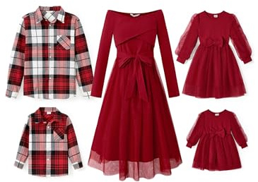 PATPAT Familien Outfit Set Langarm - Partnerlook Mutter Tochter Kleid Langarm T-Shirt & Mutter Kind Kleider Mama Tochter Kleidung für Herbst & Frühling, Weihnachts Rot, Mädchen: 4-5 Jahre