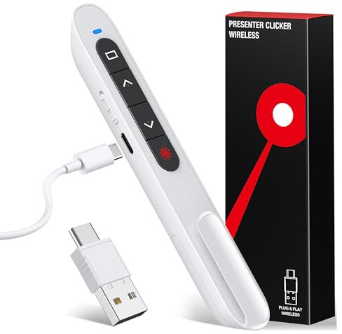 Wiederaufladbare USB C Presenter, 2.4 GHz Kabellose Roter Laserpointer, Hyperlink, Switch Windows, Lautstärkeregelung, 2 Wochen Spieldauer, Batterieanzeige, Präsentation für Windows 7/10/11, Macbook