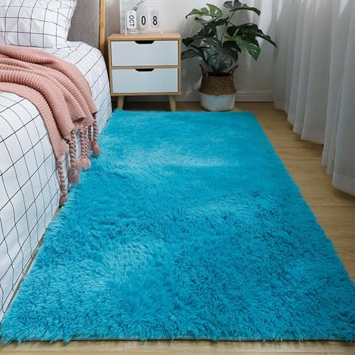 Cooalinar Tappeto Scendiletto, Tappeto Morbido Scendiletto, Tappeto Peloso Cameretta, Lavabili, Peloso, con Fondo Antiscivolo, Morbido, A Pelo Lungo, per Camera da Letto, 50*120cm, Blu