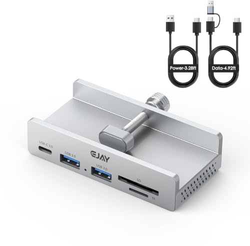 EJAY 5-Port USB 3.0 Hub with Card Reader & Clamp Aluminum Desktop Docking Station with 5Gbps Speed for PC Mac Laptop, 59inches Data and 39inches Power Cable