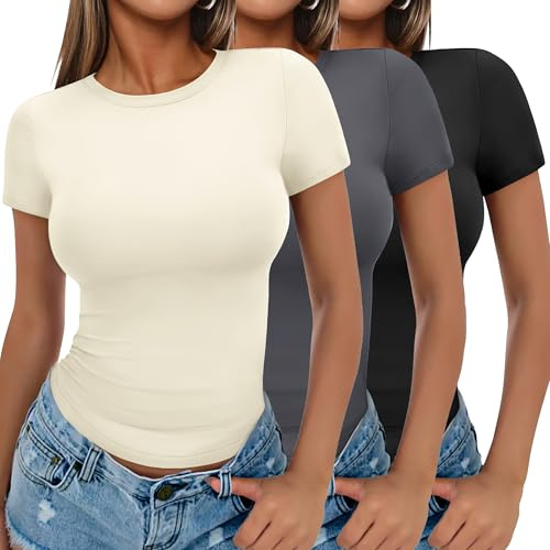 Ekouaer Womens 1&3 Pack T-Shirt Short Sleeve Basic Tops Fitted Crew Neck | Slim Fit, Aesthetic Streetwear, flattering&stretchy, Summer Crop Top, wardrobe staples, Ideal for layering XS-2XL